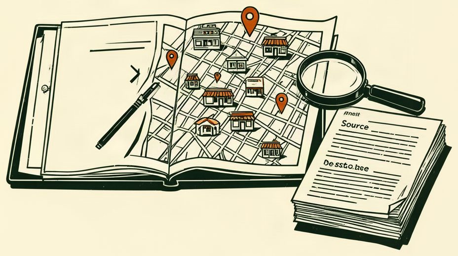 Editorial illustration of an open record book with marked restaurant locations, a magnifying glass, and source documents